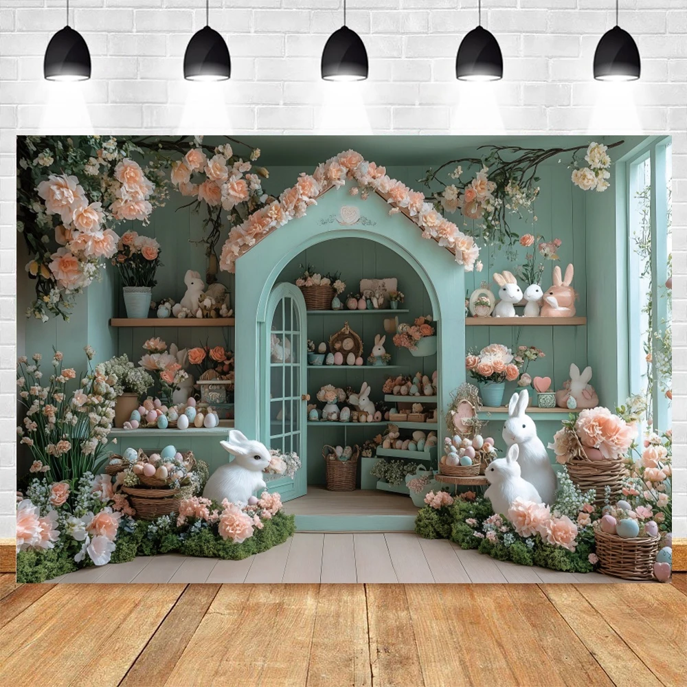 Primavera páscoa pano de fundo flores coelhos ovos loja interior chá de bebê crianças retrato festa de aniversário fotografia fundo decoração