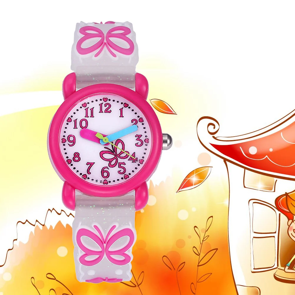 Fundo branco rosado 3D desenho animado dinossauro padrão pulseira de silicone relógio de pulso de quartzo à prova d'água presente para borboleta