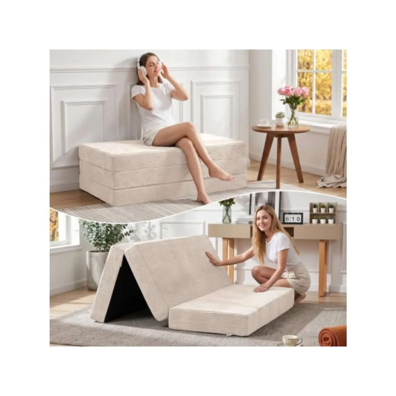 6 Inch Tri Fold Memory Foam Mattress Full Size, Foldable Futon Mattress Topper with Removable Washable Cover, Portable