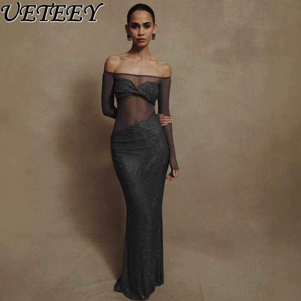 Boutique Fashion Hot Diamond Sexy Off-Schulter Langarm Abendkleid Temperament Hohl Schlank Lange Fischschwanz Party Kleider