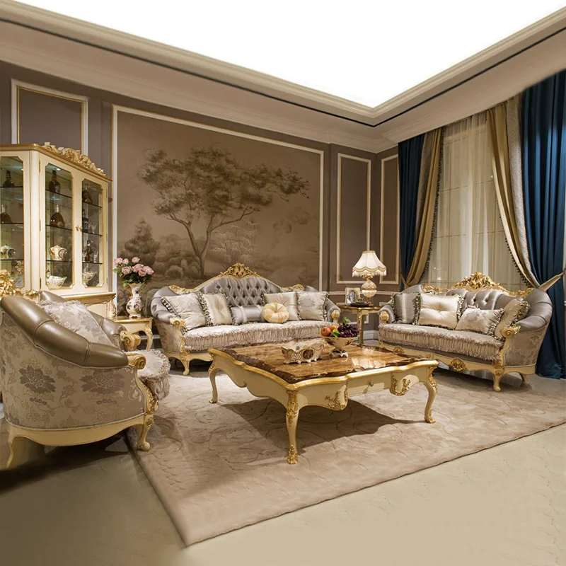 !@Italian French Royal Sectional Solid Wood Carved Luxury Sofa Set Gold White Luxury Classical Living Room Sofa Set 7 Seater