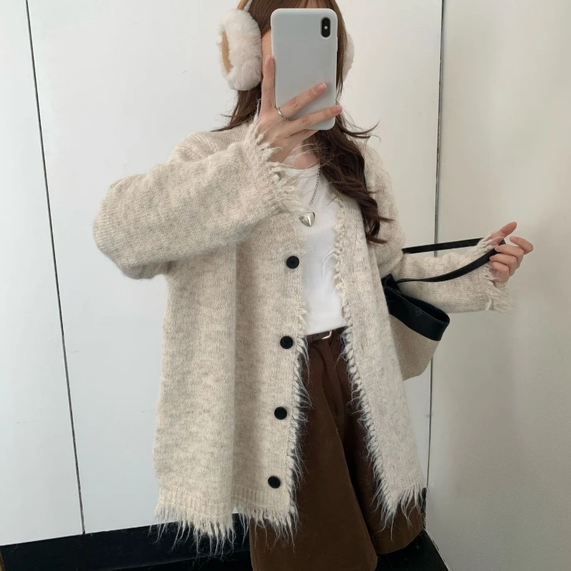 Vintage Gray Tassel Long-Sleeve V-Neck Single Breasted Knitted Cardigan Sweater Autumn Women Elegant Loose Solid Jacket Casual 6