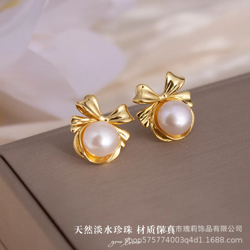 

Fashion natural freshwater pearl jewelry women's pearl earrings, studs, retro bow shape jewelry wholesale
