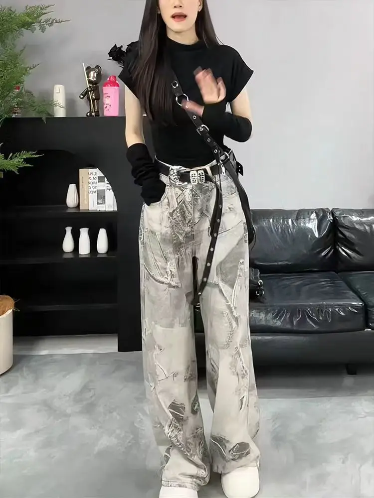 High Street Fashion Personalized Retro Printed Thin Jeans Women High Waist Slim Tie Dye Slightly Lam Floor-Mopping Pants