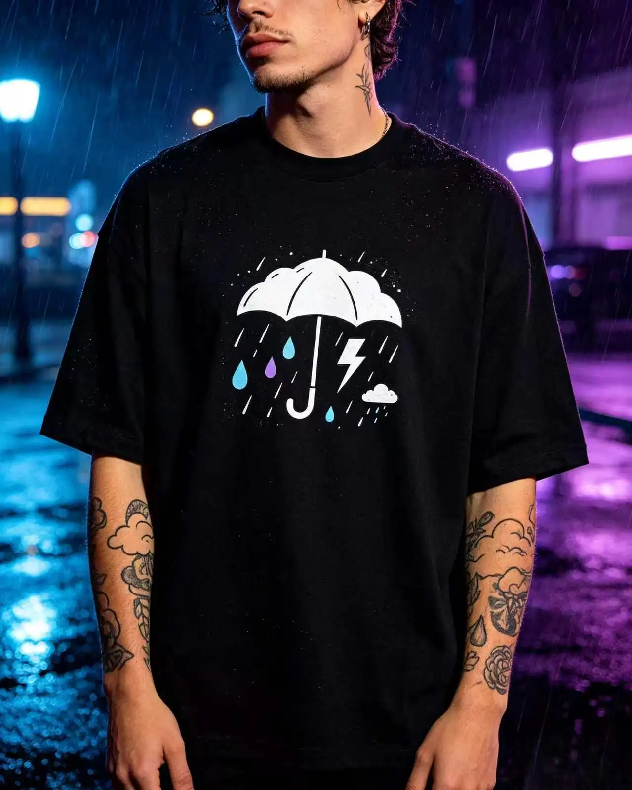 Unisex Umbrella Rain Lightning Cloud Graphic T‑Shirt Men Women Casual Street Style Oversized Cotton Short Sleeve Tee