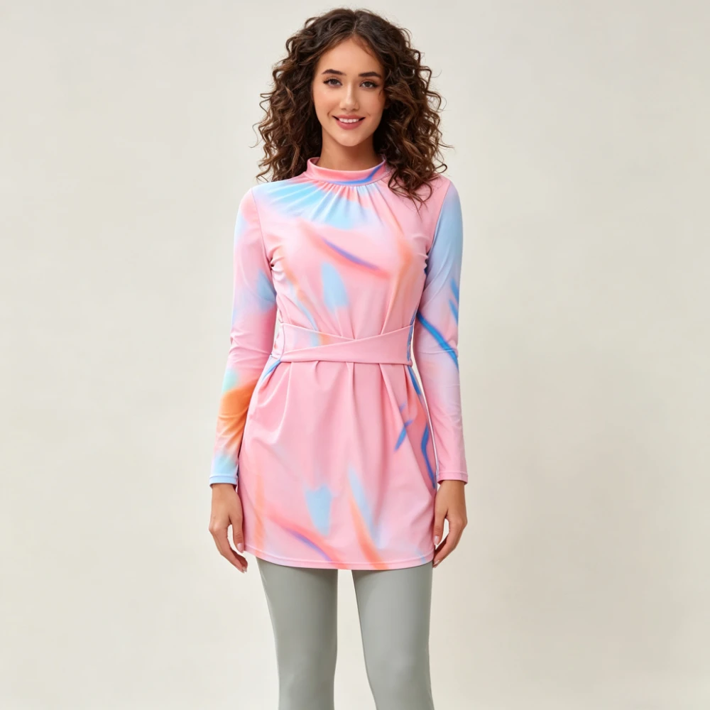 3Pieces Gradient Tie Dye Waist Belt Modest Burkini Swimsuit Long Sleeve Tunic Grey Leggings Hijab Swim Cap Islamic  Bathing Suit
