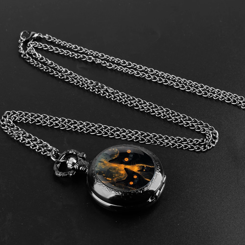 Halloween Black Cats Design Glass Dome Fashion Arabic Numerals Quartz Pocket Watch Necklace Pendant Chain Mens Women Gifts