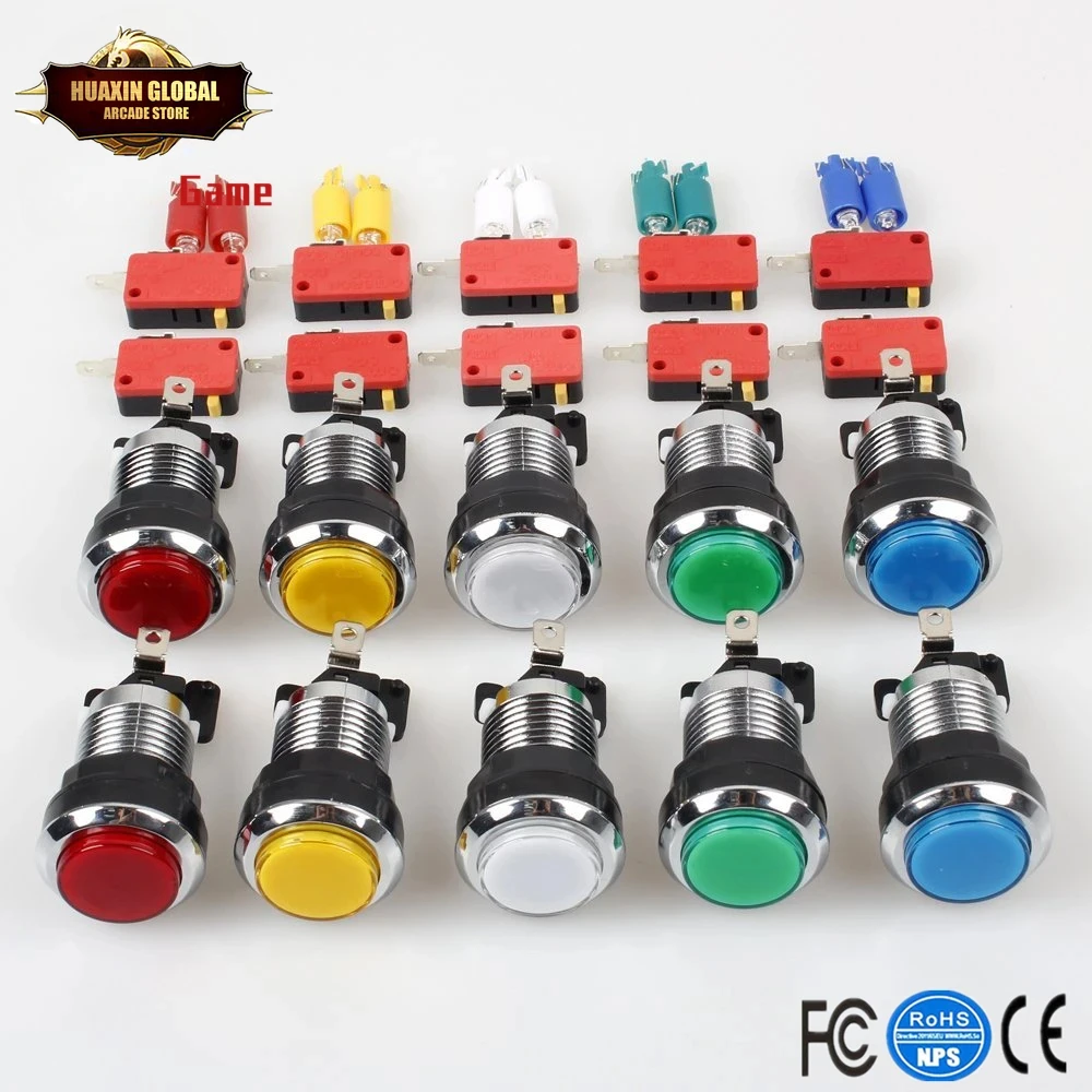 10 Pcs/lots Chrome Plating 5V/12V 30mm LED Illuminated Push Buttons With Micro Switch For Arcade Machine Games Mame Jamma Parts