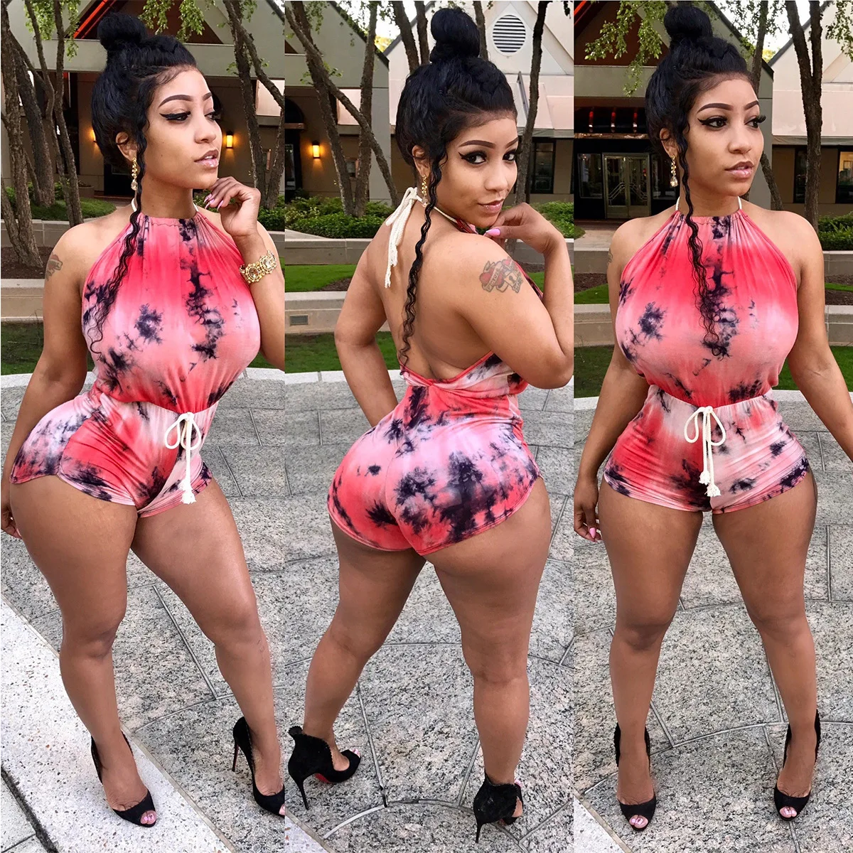 

BKLD New Romper For Women Summer Outfits 2024 Tight Fitting Sexy Lace-Up Halter Neck Backless Fashion Printed Rompers One Pieces