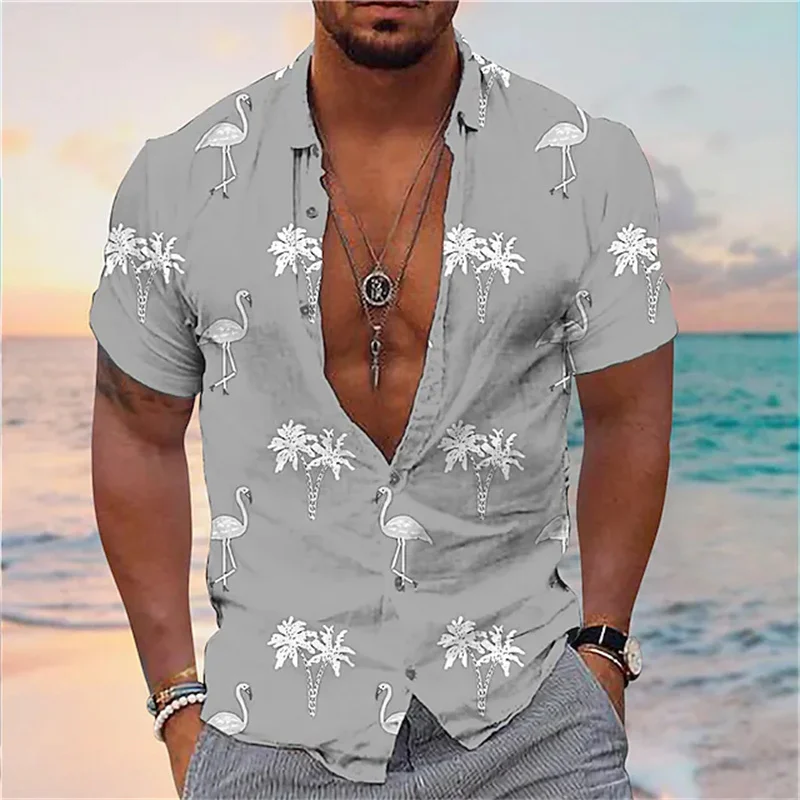 Camisa de playa para hombre, camisa de manga corta informal con estampado de flamenco, árbol de coco, calle, alta calidad, verano, nuevo estilo