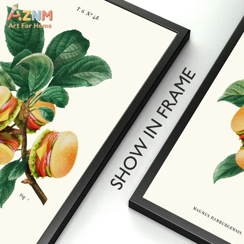 AZNM Funny Vintage Food Botanical Canvas Wall Art, Macaron Donut Pizza Burger Surreal Fruit Print Kitchen Dining Room Home Wall view 5