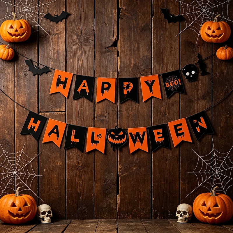 Drapeaux de fête sur le thème de Halloween, drapeaux de célébration en papier pour la maison, décoration de dessins animés sorcière, chauve-souris, citrouille pour garçons et filles