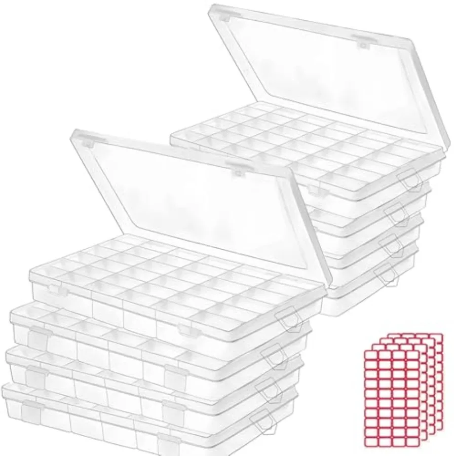 

Набор из 36 пластиковых прозрачных контейнеров-органайзеров с регулируемыми разделителями для хранения бусин, украшений, рыболовных принадлежностей и других мелочей.