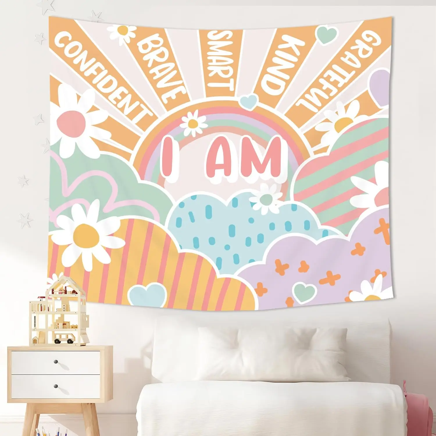 Kids Inspirational Sun and Rainbow Quotes Tapestry - Positive Motivational Words Colorful Wall Hanging