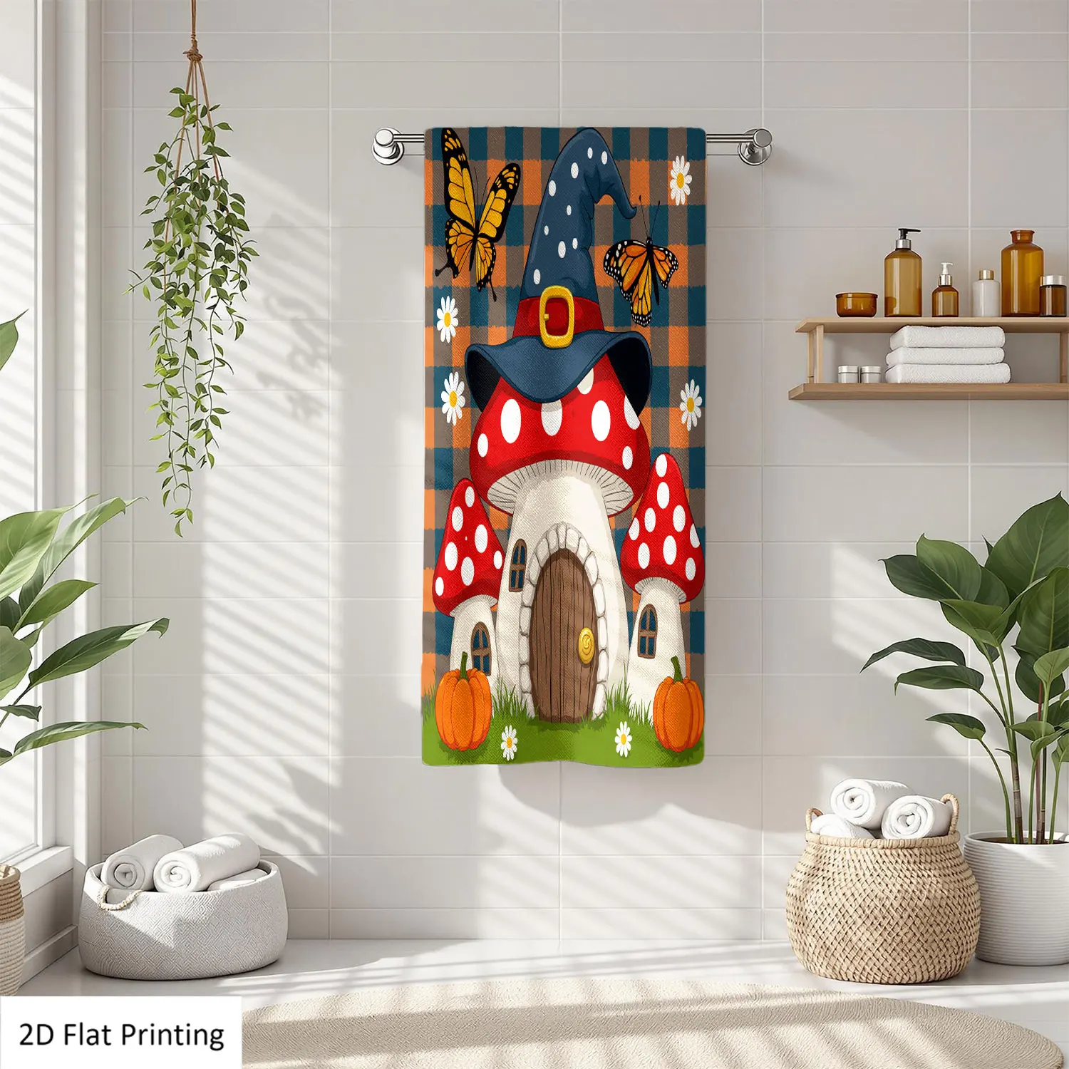 1 toalla de mano para baño con diseño de casas de setas de Halloween, sombrero de bruja, mariposas y calabazas, toalla de microfibra de poliéster de varios tamaños, toallas decorativas únicas para el hogar y la cocina, accesorios decorativos para el baño, de secado rápido y absorbente.