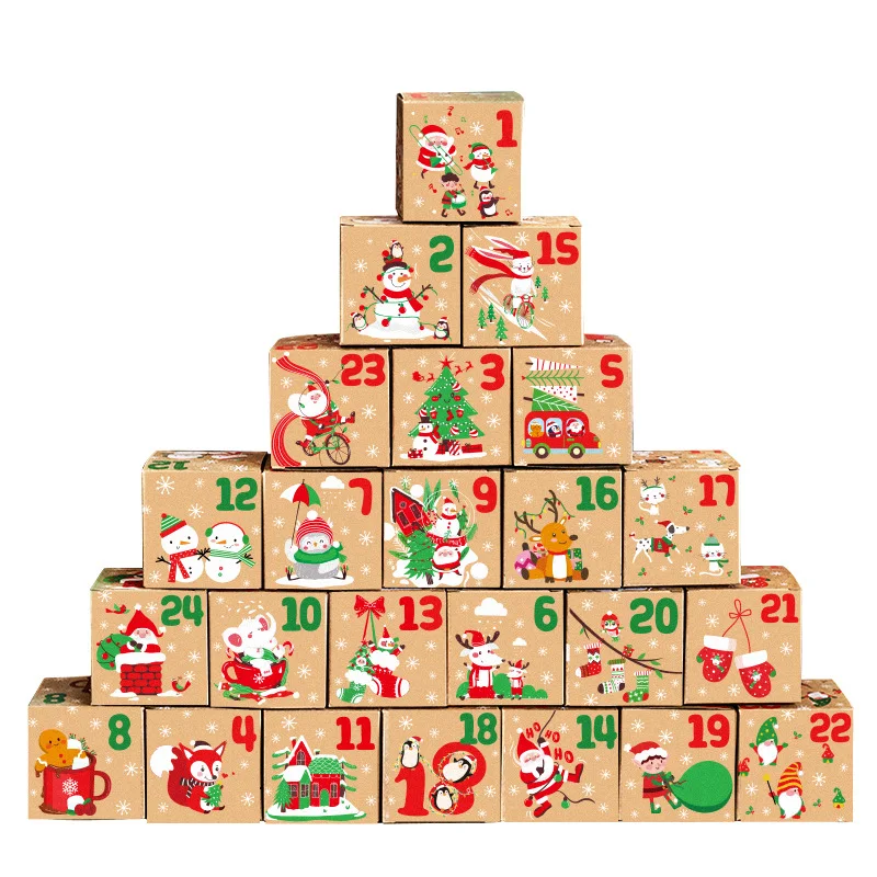 

24pcs Christmas Advent Calendar Box Kraft Paper Candy Box 24 Days Countdown to Christmas Gift Boxes Navidad New Year Decorations