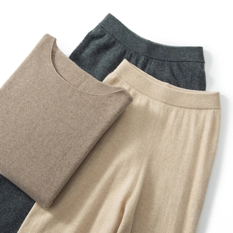 New Women 100% Cashmere Pullover Wide Leg Pant Set Soft Warm Slash Neck Sweater Long Trousers Spring Autumn Winter Outfit Suit