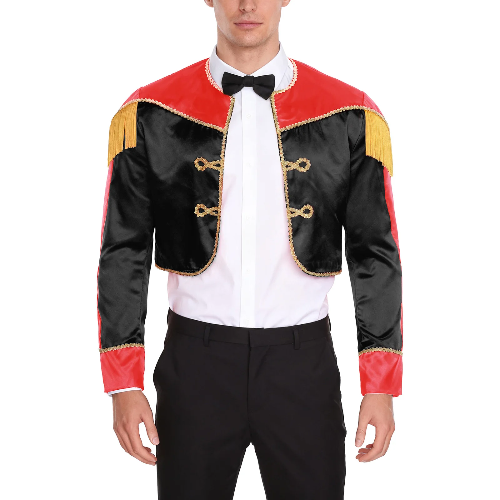Disfraz de Matador español para hombre, disfraz de carnaval, fiesta, circo, maestro de ceremonias, abrigo de torero, chaqueta recortada de satén con borlas frontales abiertas
