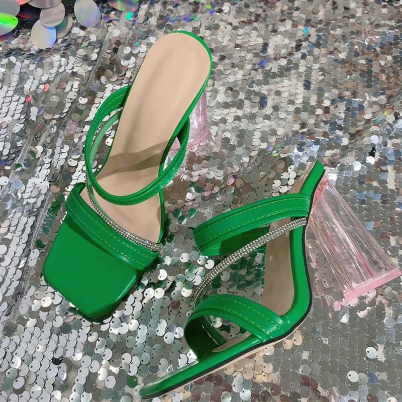 Liyke-zapatillas de tacón transparente para mujer, sandalias de punta cuadrada con banda estrecha de cristal, zapatos de verano, color verde