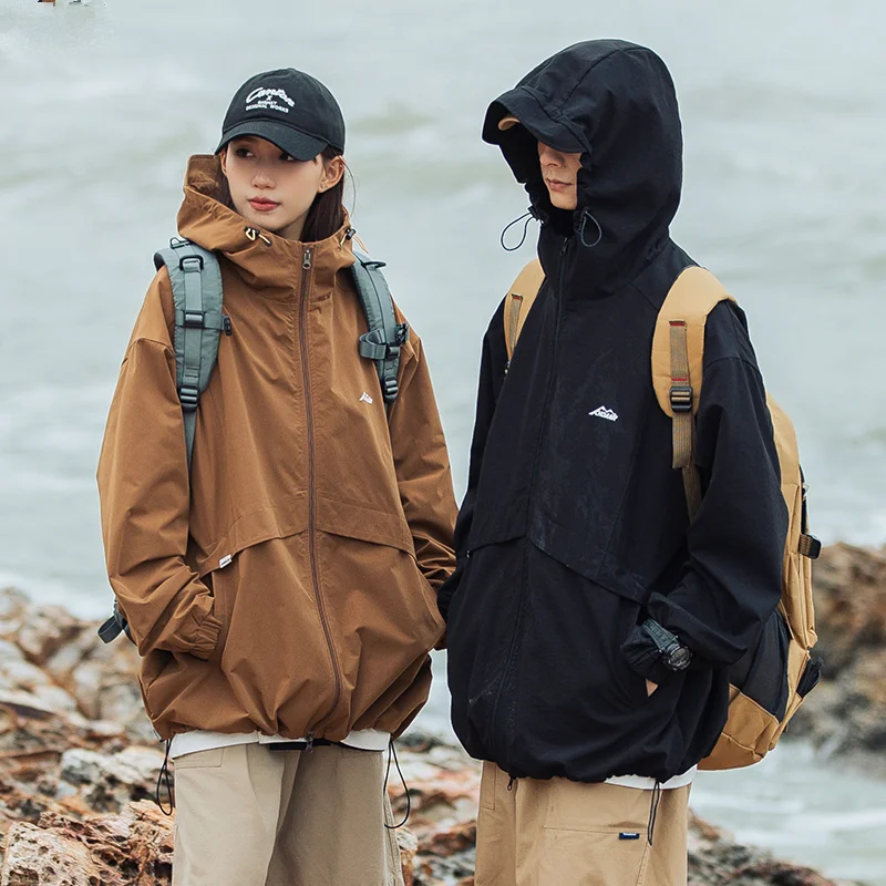 

Spring Autumn New Hiking Climbing Outerwear Windproof Jacket Hooded Coats Men Women Loose Patchwork Zipper Hat Jackets Plus Size