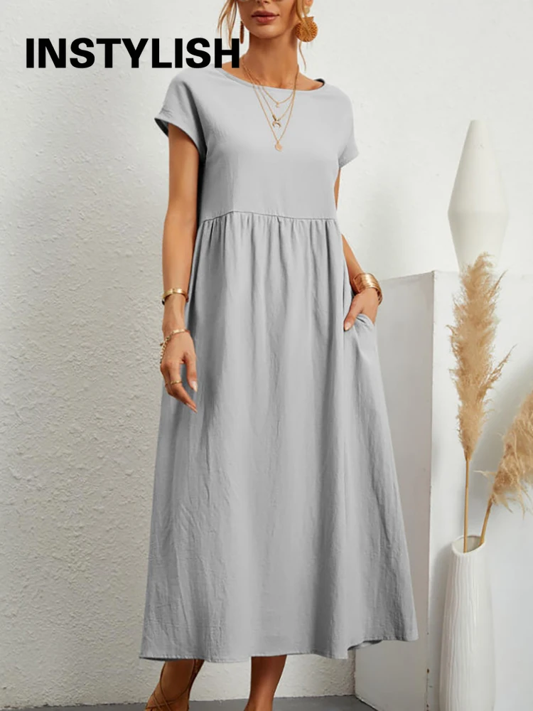 Vintage Solid Midi Dress Casual Short Sleeve Cotton and Linen Harajuku Oversized Long Dress Women Summer Y2K Maxi Sundress 2022