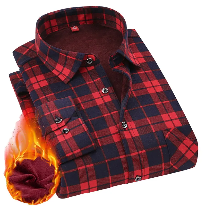 Flannel 95% Cotton Men Shirt Autumn Winter Male Long Sleeve Plaid Shirt Thick Fleece Lined Soft Casual Warm Dress Shirt L-5XL HK