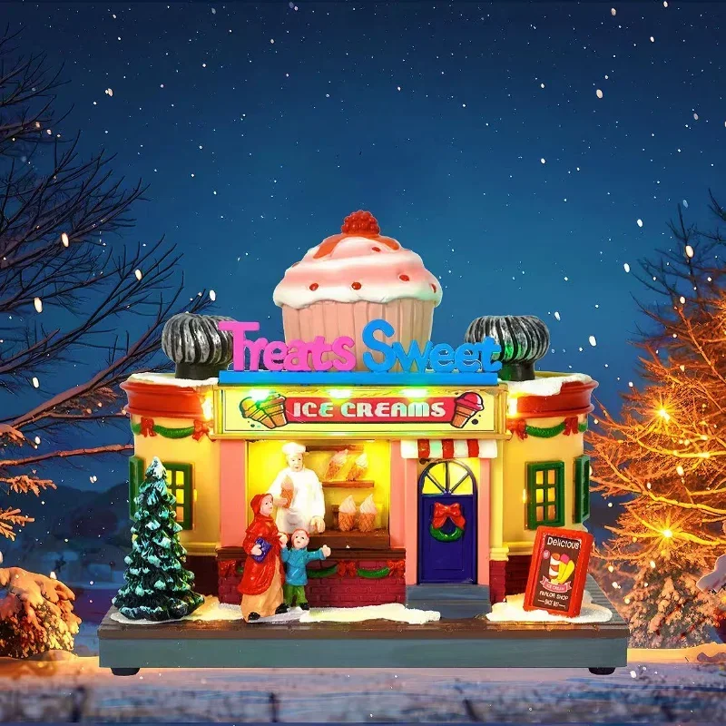 Ice Cream Shop Luminous Snow Christmas House Decoration, Holiday Gifts, Landscape Villa House, Music Box, Christmas Gift