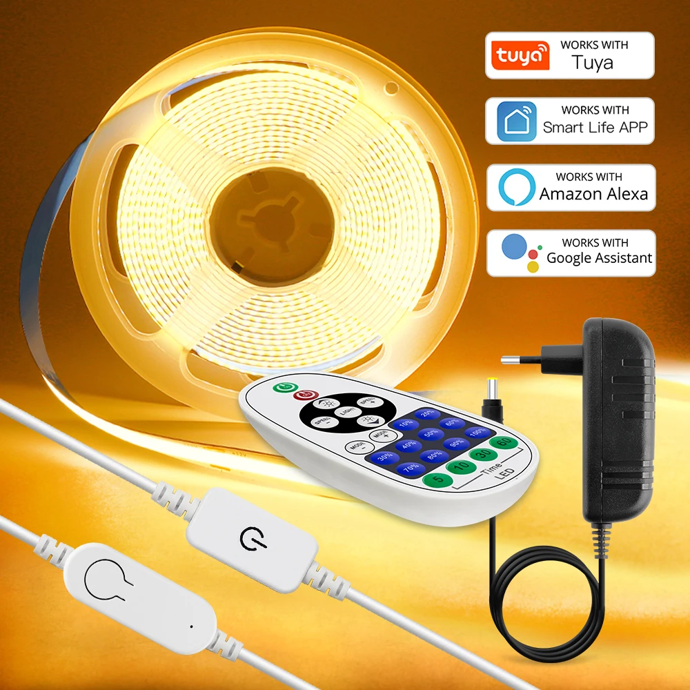 Tuya WiFi LED COB Strip Light Dimmable FCOB LED Strip Kit 320 384 528LEDs/m Linear Lighting Flexible Tape Work With Alexa Google