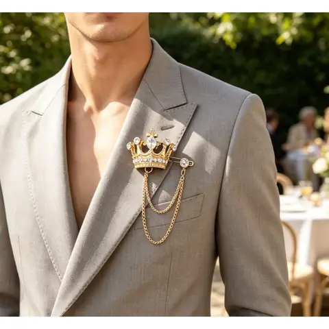 Elegant Crown Rhinestone Brooch with Double Chains, Metal Suit Lapel Pin Business Office Formal Outfit Decor for Him Her 1pc.