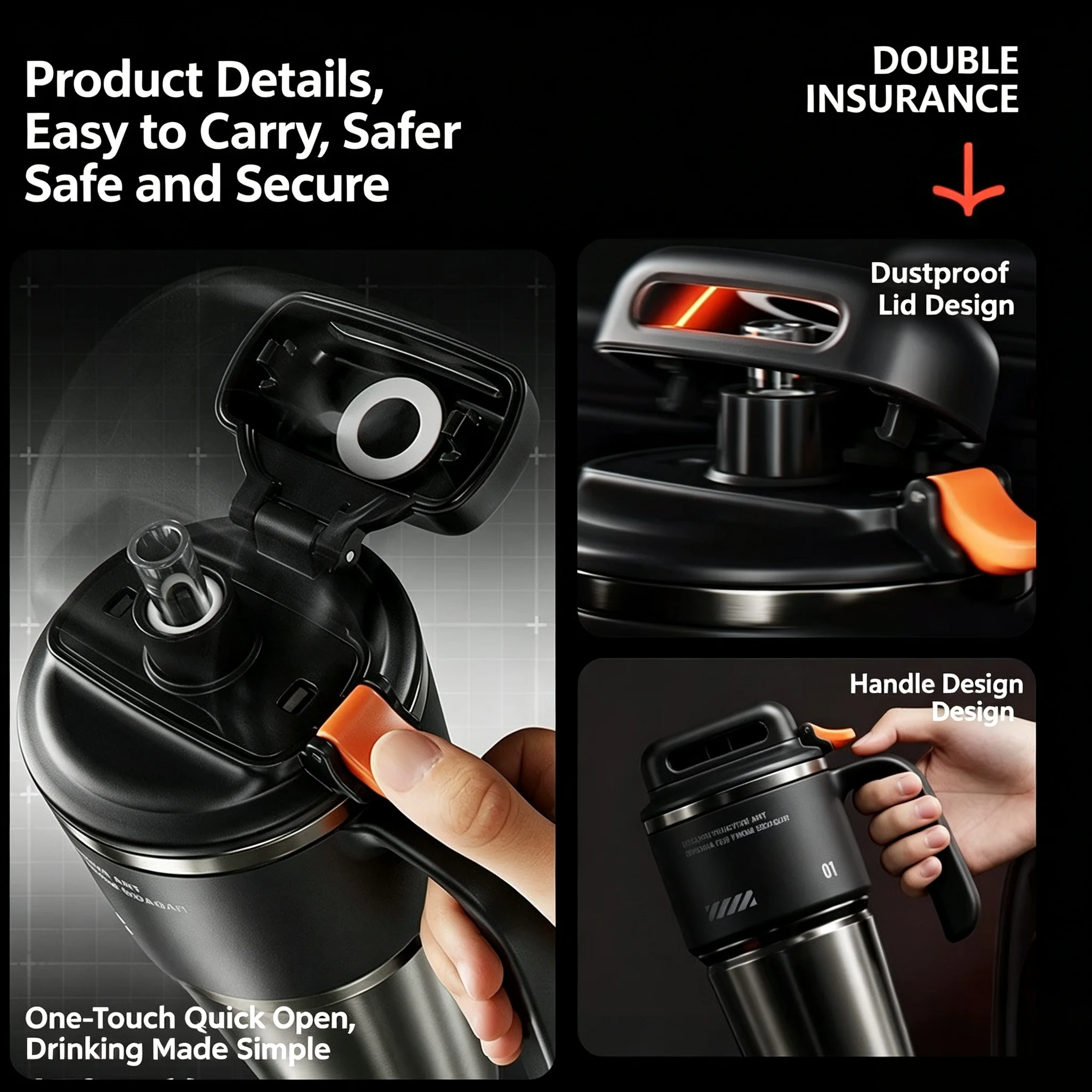 1L 304 Stainless Steel Insulated Water Bottle with Straw, One Touch Flip Lid Vacuum Thermos Mug with Handle for Car Travel Home
