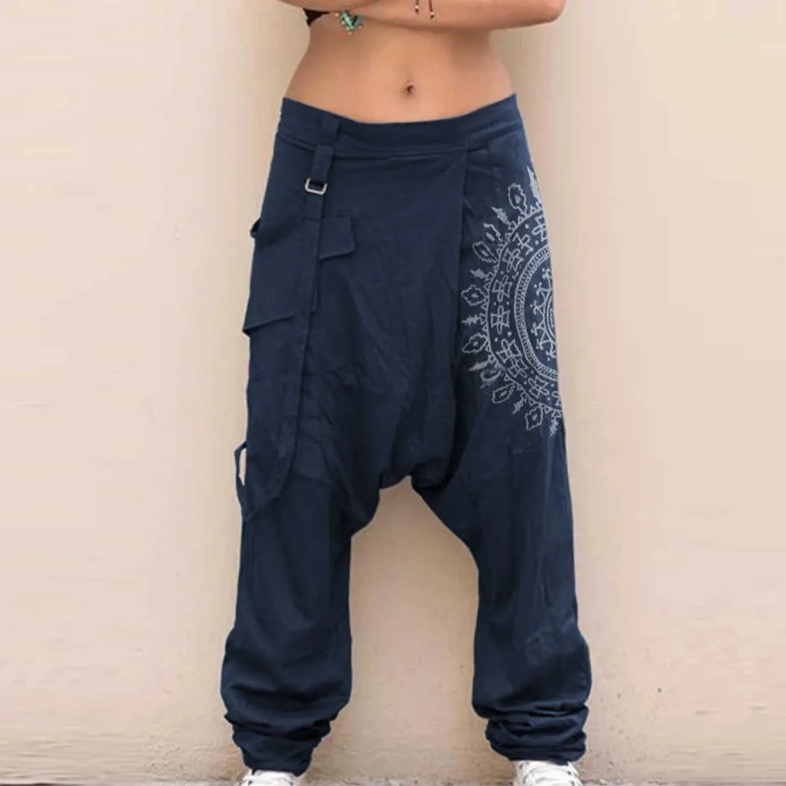 Men\'s Casual Elastic Waist Baggy Trousers Long Harem Pants Boho Low Rise Drop Crotch Retro Print Loose Trouser Men Clothing 2024