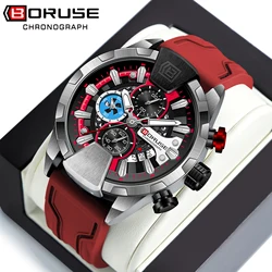 BORUSE Red Watch for Men Fashion Luxury Chronograph Quartz Wristwatch with Silicone Band Luminous Hands Date Waterproof