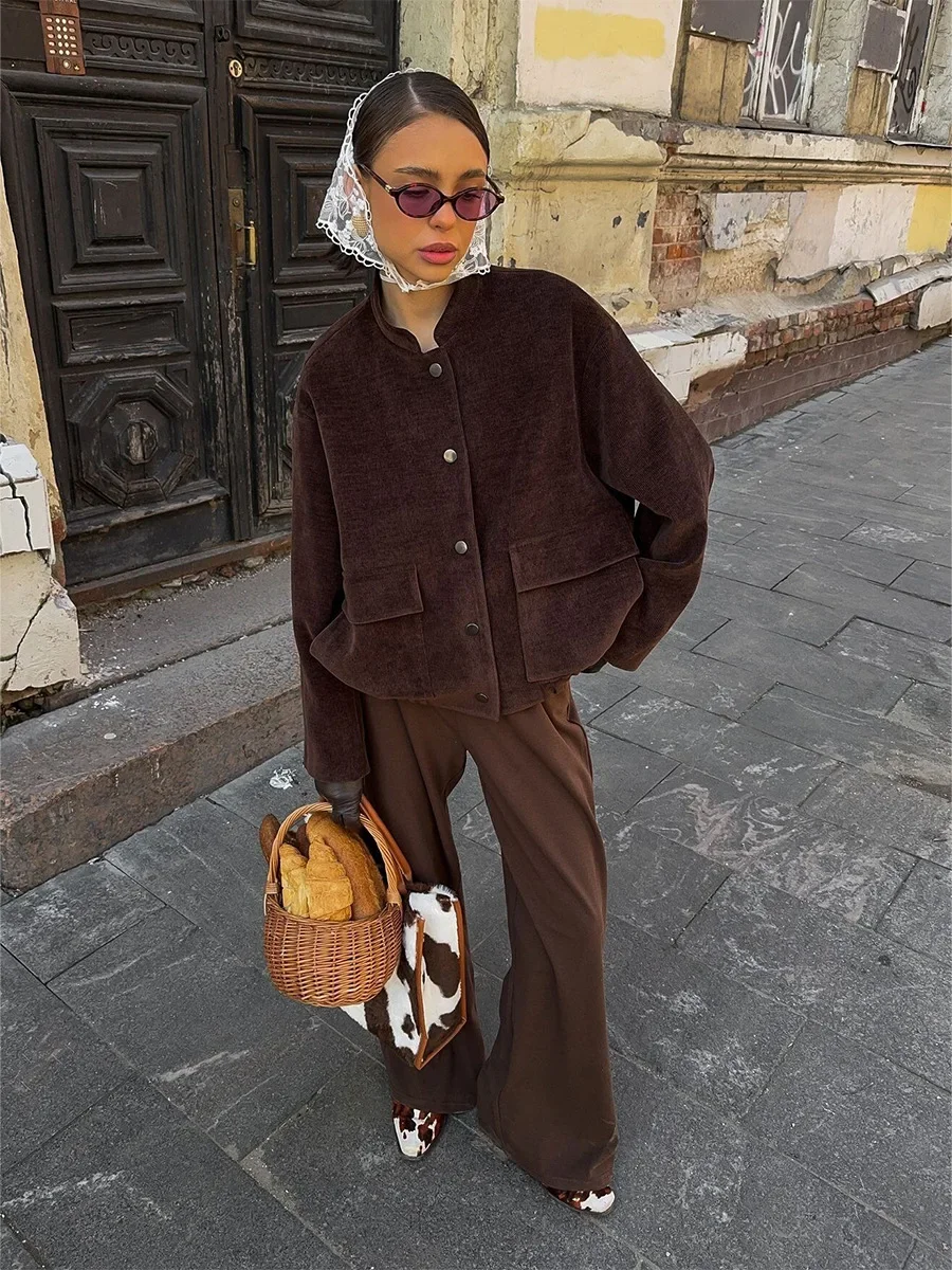 Blubelle Women's New Autumn 2025 Brown Corduroy Jacket Stand Collar Trendy Loose Fit Single - Breasted Long Sleeve Fashion