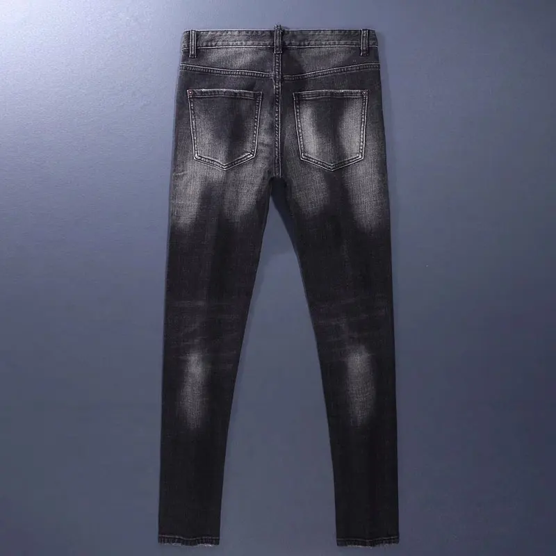 Retro Stretch Washed Black Jeans High Street Fashion Nostalgic Wrinkle Effect Designer Hip Hop Brand High Quality Stretchy Denim