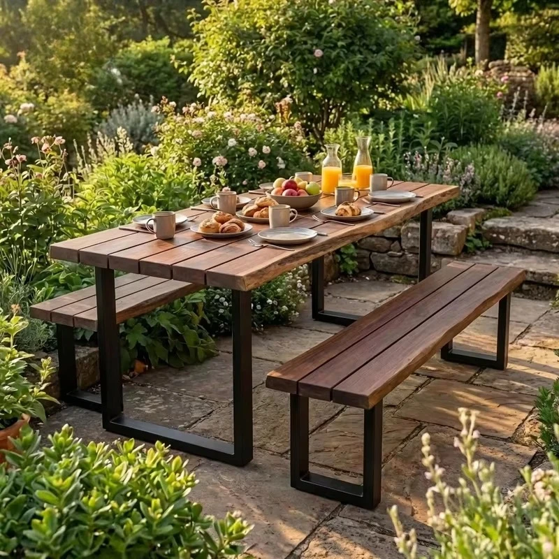 Commercial Home Garden Modern Durable Outdoor Multi Size Optional Wooden Bench Set Leisure Natural Grain Teak 10-Person Dining
