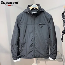 Supzoom New Arrival Autumn And Winter Geometric icons Zipper Pattern Top Fashion Loose Hide Hat Casual coat Jacket Men