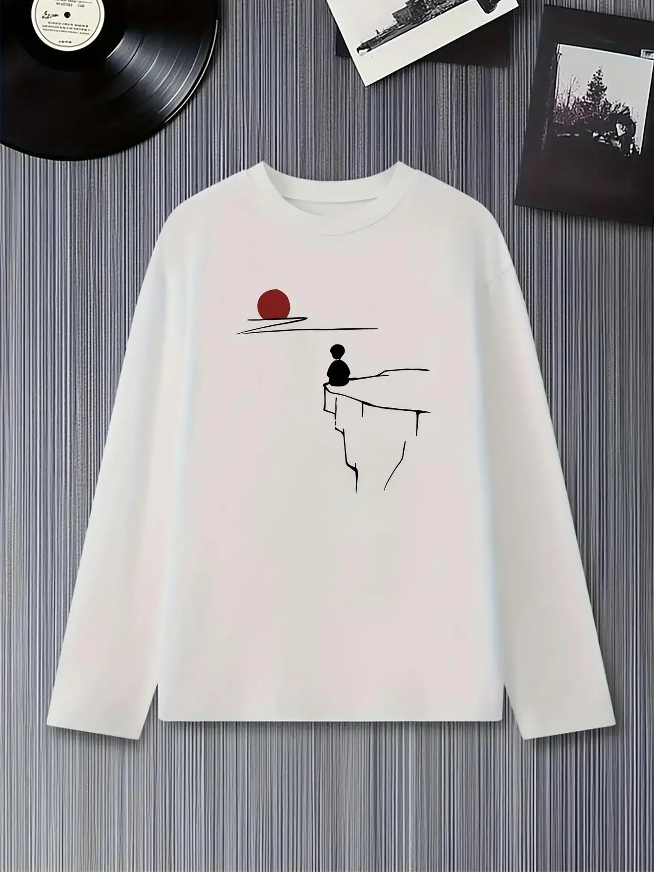 긴팔 티셔츠 - 미니멀리스트 풍경 그래픽이 있는 루즈핏 캐주얼 셔츠(블랙/화이트/레드 악센트)