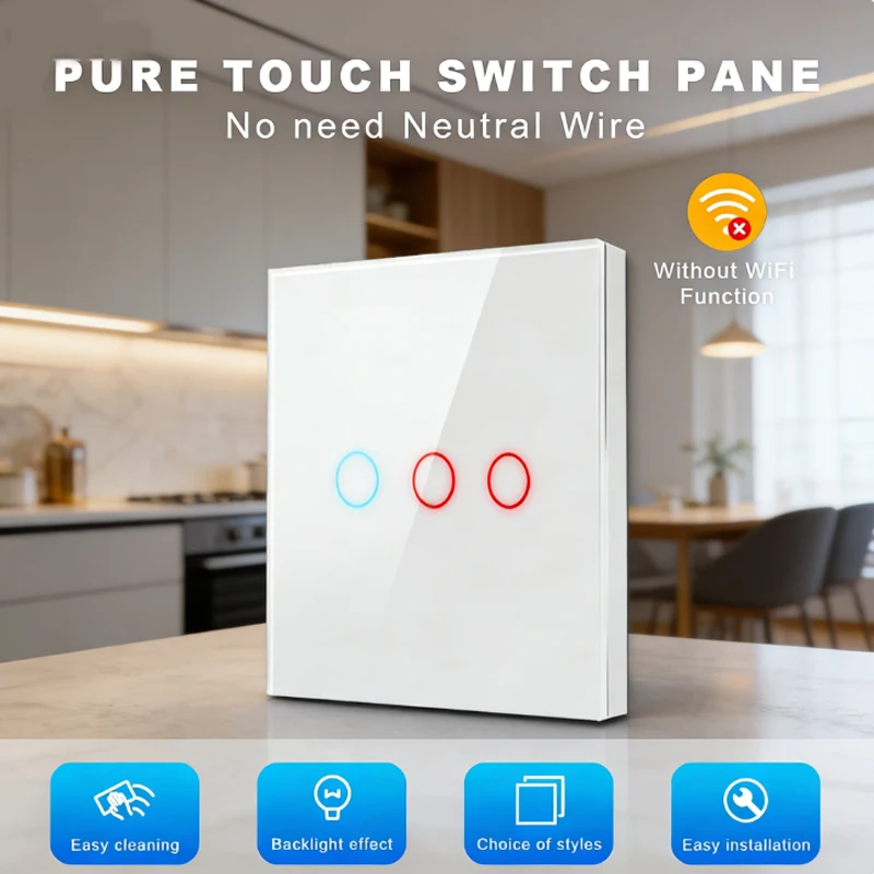 

Настенный сенсорный выключатель из закаленного стекла класса люкс (стандарт ЕС) / 1-4 клавиши / Огнестойкий материал / Без нейтрального провода / Двухцветный домашний выключатель