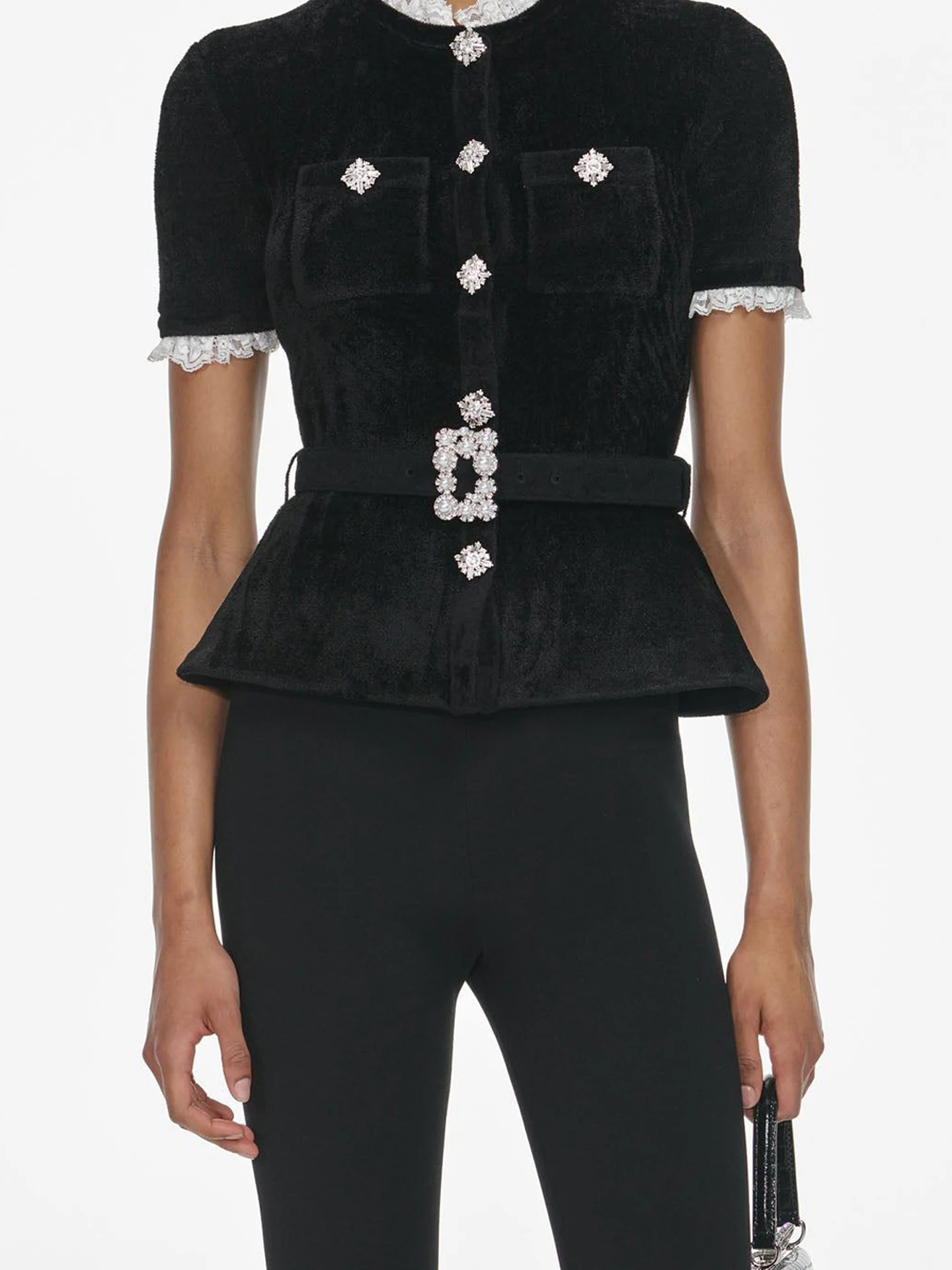 

Velvet Lace Drill Button Fem Outerwear ort Coat Commute Sle Slim Fit Diamond Embellied Stand Collar Svel