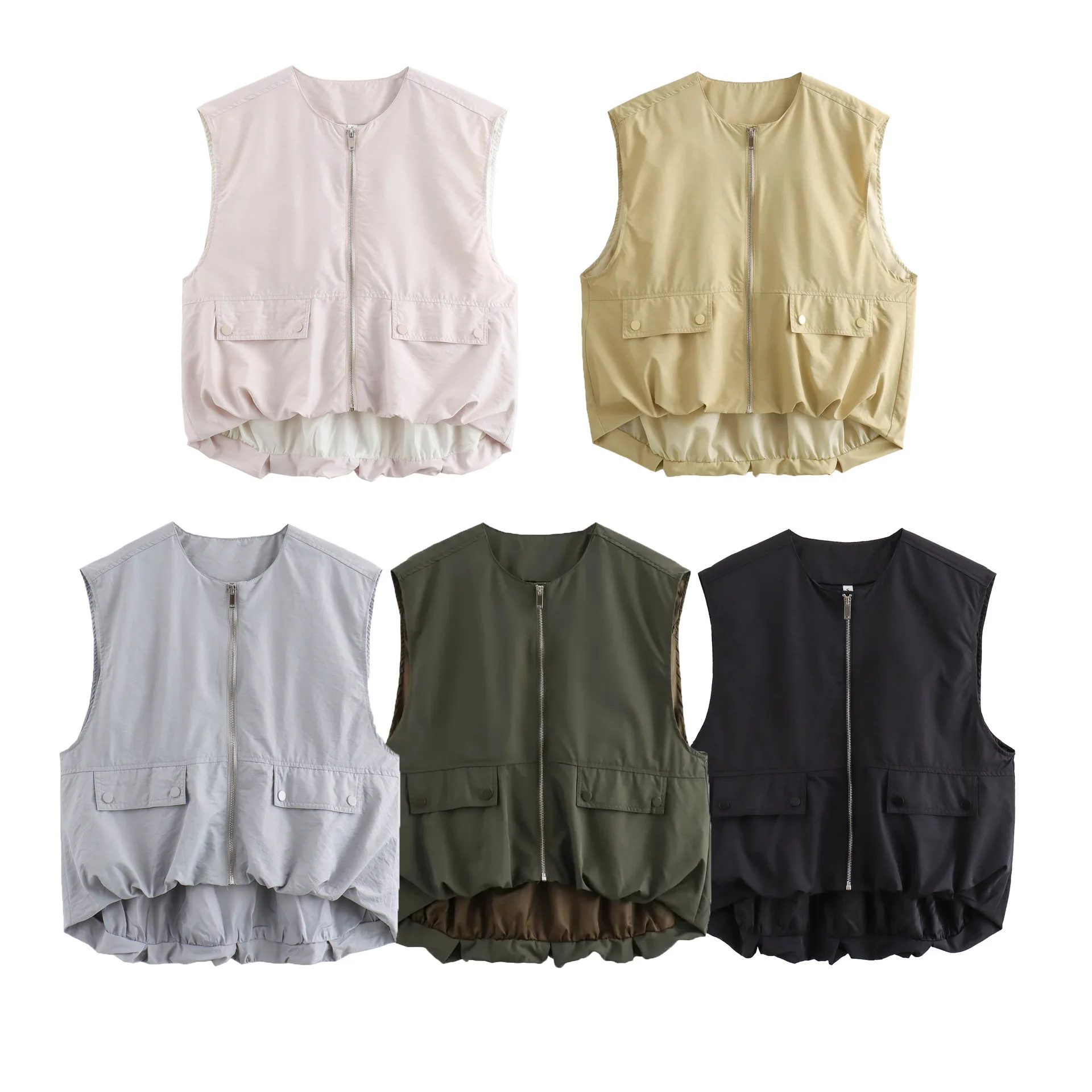 Women's Fashion Sleeveless Ruched Loose Waistcoat Zipper Pocket Vest Coats New Female Chic Pleat Spring Autumn Tops Streetwear