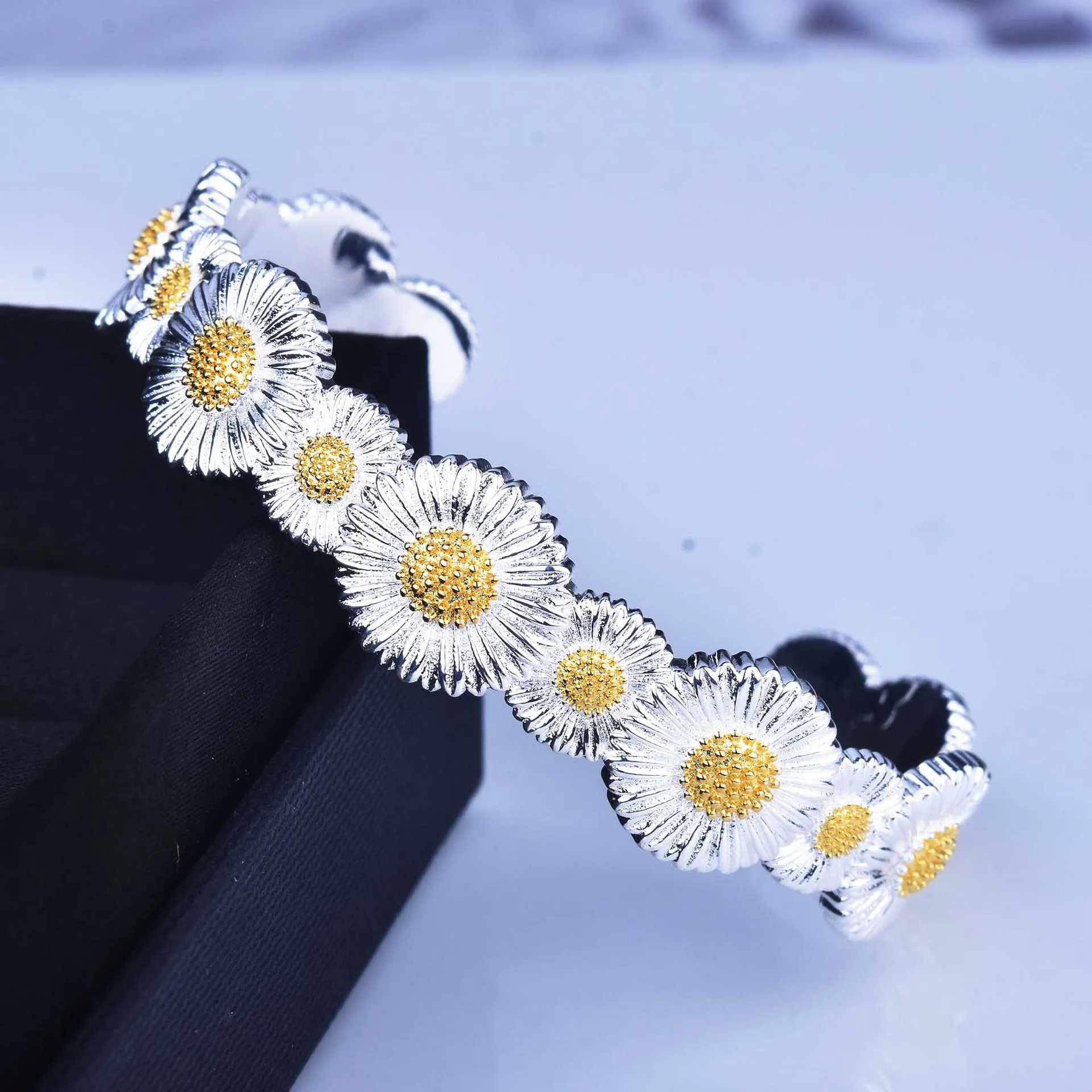 S925 sterling silver bracelet hand brushed craft retro lace daisy bracelet