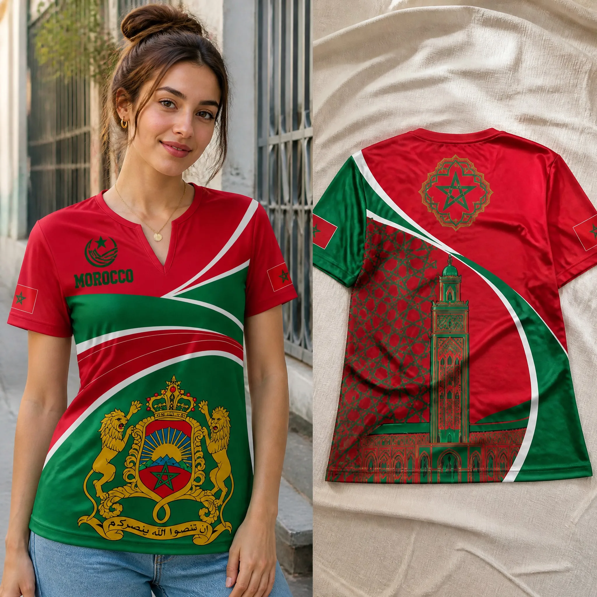Morocco Womens V Neck Short Sleeve T Shirt Flag Crest Graphic Casual Summer Tee Landmark Print Travel Streetwear Top Relaxed Fit