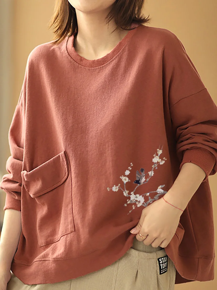 

Large Size Pure Cotton Long Sleeve Hoodie Women's Autumn Winter New Style Slimming Artistic Chinese Pocket Top