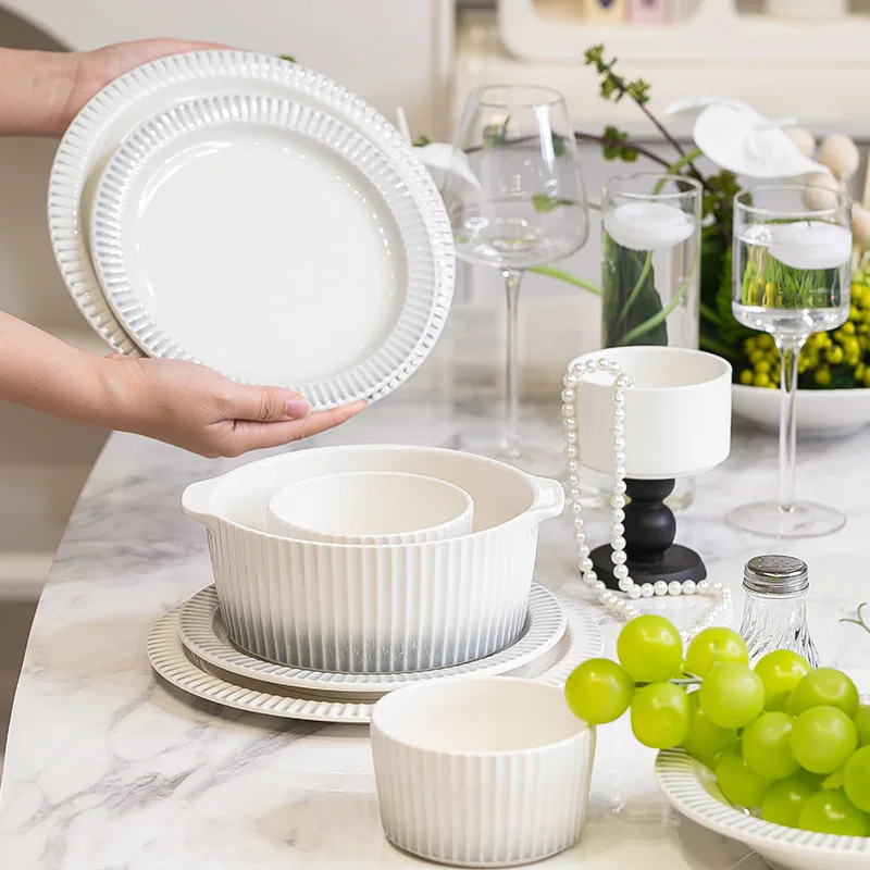 1Set Nordic Gradient Vertical Pattern Luxury Ceramic Tableware Dish Set For Home Use Bowl Plate Kitchenware Complete Set