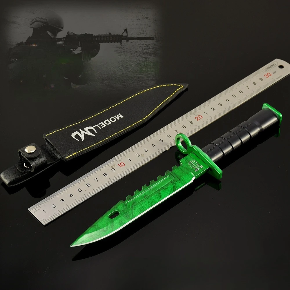 26 سنتيمتر الذهاب لعبة M9 حربة نموذج معدني مع الحافظة لعبة الأجهزة الطرفية عداد الضربات سلاح عسكري الأخضر السكاكين اللعب السيف هدية