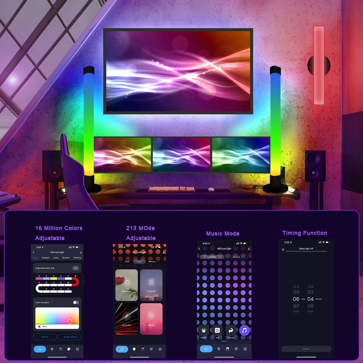 Barre lumineuse de jeu RVB avec lumière d'ambiance intelligente, lumières magiques avec musique, contrôle par application de division, éclairage domestique, bureau, interrupteurs, 2 paquets