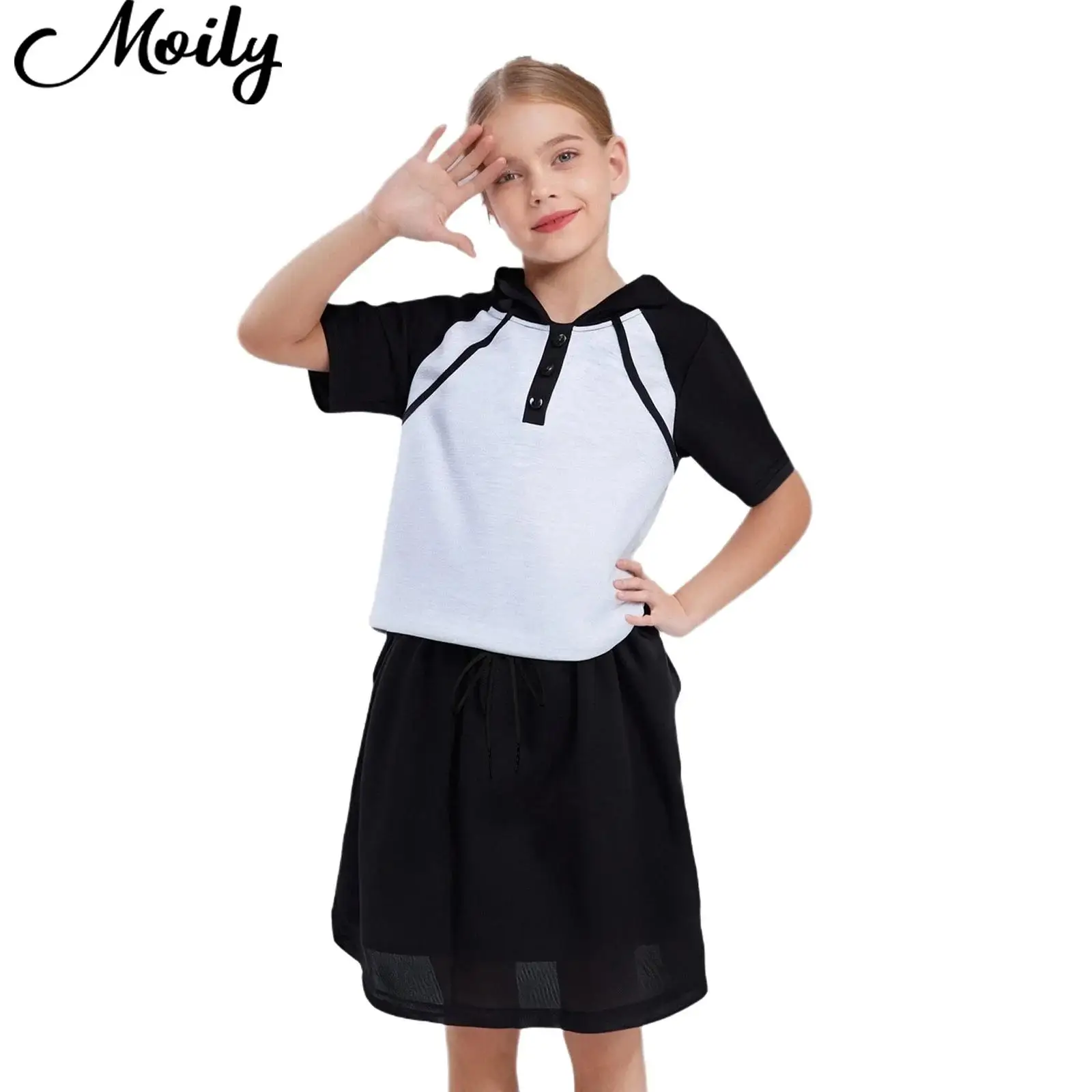 

Children Tennis Clothes Set Kids Girls Fashion Color Block Athletic Outfit Short Sleeve Hooded Top+Skirt for Workout Sports Wear