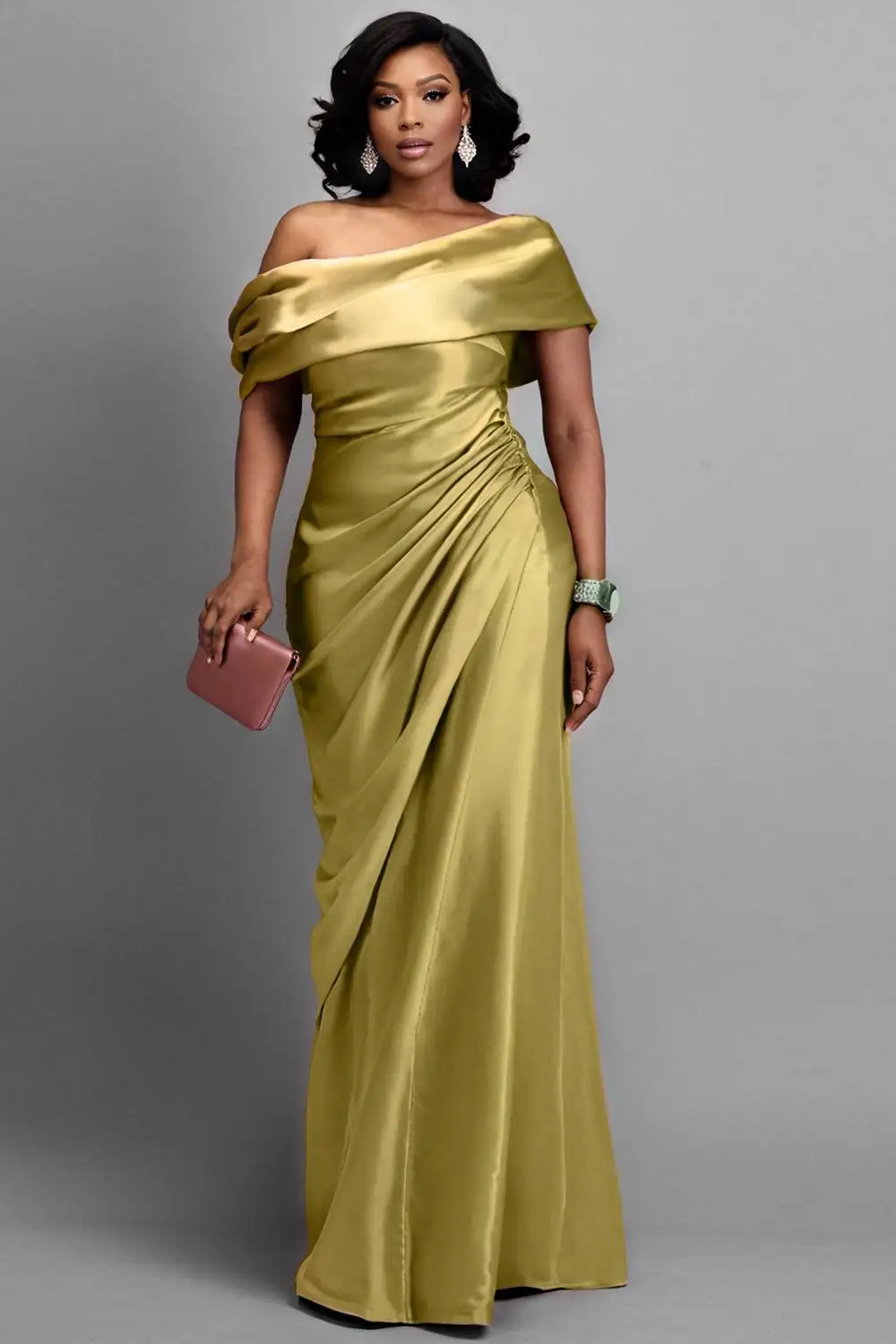 

Plus Size Formal Green Off The Shoulder Short Sleeve Fold Elegant Satin Maxi Dresses