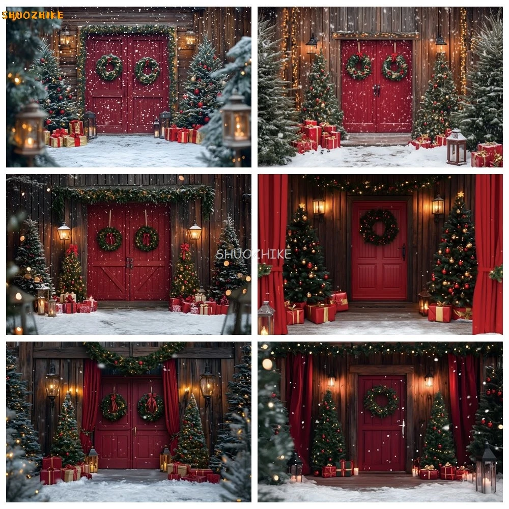 

Christmas Red Rustic Wood Barn Door Backdrop Winter Snowy Snowfield Xmas Tree Gifts Wreath Kids Portrait Photography Background