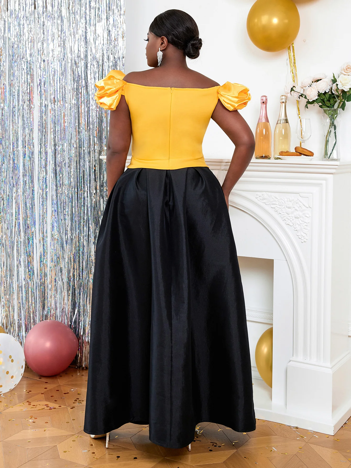 Aomei Women Two Pieces Set Sexy Bare Shoulder Yellow Big Ruffles Short Top Black Long loose Skirt African Party Occasion Outfits